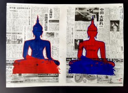 Blue and Red Buddha on Japanese Newspaper